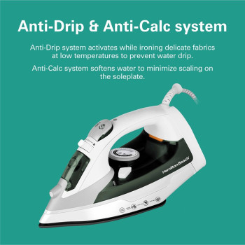 Hamilton Beach Steam Iron 2200W, Vertical Steam, 23G/Min Steam Flow, Steam Shot, Water Spray, Dry And 3 Steam Settings, Non-Stick Soleplate, 300Ml Tank, Anti-Drip, Anti-Calc, Self Clean, 2 Yrs Warranty