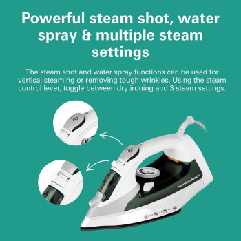 Hamilton Beach Steam Iron 2200W, Vertical Steam, 23G/Min Steam Flow, Steam Shot, Water Spray, Dry And 3 Steam Settings, Non-Stick Soleplate, 300Ml Tank, Anti-Drip, Anti-Calc, Self Clean, 2 Yrs Warranty