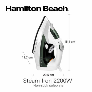 Hamilton Beach Steam Iron 2200W, Vertical Steam, 23G/Min Steam Flow, Steam Shot, Water Spray, Dry And 3 Steam Settings, Non-Stick Soleplate, 300Ml Tank, Anti-Drip, Anti-Calc, Self Clean, 2 Yrs Warranty