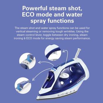 Hamilton Beach Steam Iron 2500W, Ceramic Soleplate, Auto-Shut Off, Vertical Steam,35G/Min Steam,Water Spray,Steam Shot, Dry, Eco And Max Settings, 300Ml, Anti-Drip, Anti-Calc, Self Clean, 2 Yrs Warranty