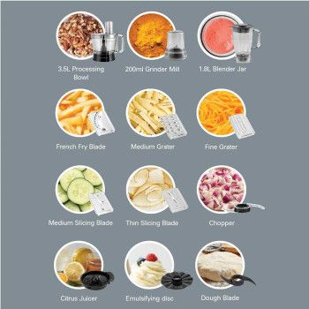 Hamilton Beach Food Processor 1000W, 3.5L Bowl And 11 Attachments - Blender, Citrus Juicer, Grinder Mill, Chopper And More To Knead Dough, Emulsify, French Fry Slice And Grate, 2 Years Warranty, Fp1012-Me