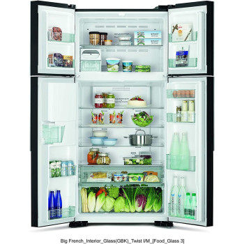 Hitachi 760L Gross Side By Side 4 Doors Premium Refrigerator, RW760PUK7GBK, 10 Year Warranty on Inverter Compressor, Glass Black