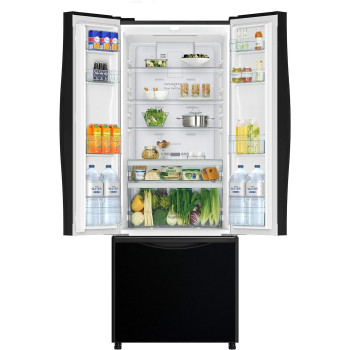 Hitachi 451L Gross Side by Side 3 Doors Premium Refrigerator, French Door, No Frost Fridge Freezer, Glass Black RWB600PUK9GBK