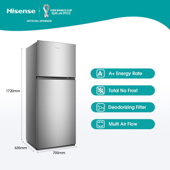 Hisense 488 Liter Refrigerator Double Door Top Mount Silver Model RT488N4ASU, Min 1 year manufacturer warranty