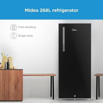 Midea 268 Liters Free Standing Single Door Refrigerator, Semi Auto Defrosting, Tempered Glass, Full Insulation Body, Best Compact Small Fridge for Mini-Bar, Kitchen, Home Or Office, MDRD268FGE28