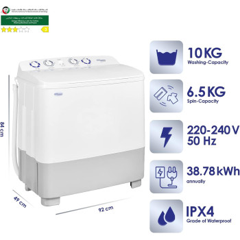 Super General 10 kg Twin-tub Semi-Automatic Washing Machine, White, efficient Top-Load Washer with Low noise gear box, Spin-Dry, SGW-1056-N, 84 x 49 x 92 cm, 1 Year Warranty