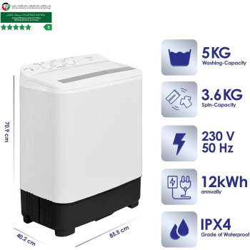 Super General 5 kg Twin-tub Semi-Automatic Washing Machine, White, efficient Top-Load Washer with Lint Filter, Spin-Dry, SGW-50, 70.9 x 40.2 x 85.5 cm, 1 Year Warranty