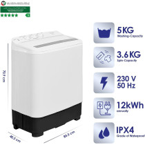 Super General 5 kg Twin-tub Semi-Automatic Washing Machine, White, efficient Top-Load Washer with Lint Filter, Spin-Dry, SGW-50, 70.9 x 40.2 x 85.5 cm, 1 Year Warranty