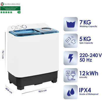 Super General 7 kg Twin-tub Semi-Automatic Washing Machine, White/Blue, efficient Top-Load Washer with Lint Filter, Spin-Dry, SGW-75, 76.1 x 44.8 x 90.5 cm, 1 Year Warranty