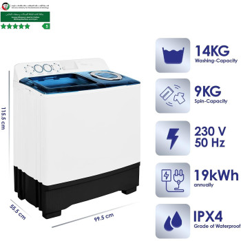 Super General 14 kg Twin-tub Semi-Automatic Washing Machine, White/Blue, efficient Top-Load Washer with Lint Filter, Spin-Dry, SGW-155, 99.5 x 55.5 x 115.5 cm, 1 Year Warranty