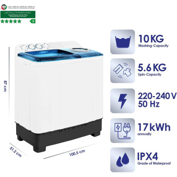 Super General 10 kg Twin-tub Semi-Automatic Washing Machine, White/Blue, efficient Top-Load Washer with Lint Filter, Spin-Dry, SGW-105, 87 x 51.2 x 100.5 cm, 1 Year Warranty