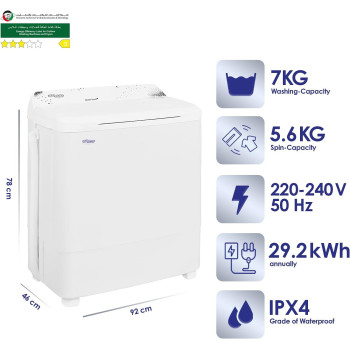 Super General 7 kg Twin-tub Semi-Automatic Washing Machine, White, efficient Top-Load Washer with Low noise gear box, Spin-Dry, SGW-77-N, 77 x 42 x 90 cm, 1 Year Warranty