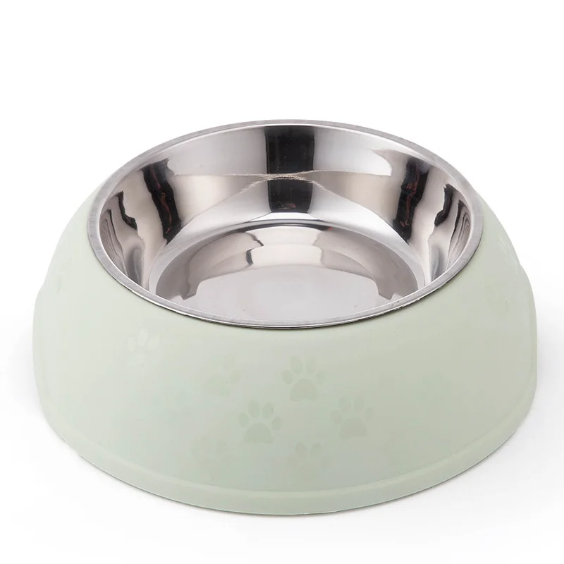 Paw Print Single Dining Pet Feedrer With Stainless Steel Bowl & Non Slip Rubber Bottom-Green -29.5*10Cm