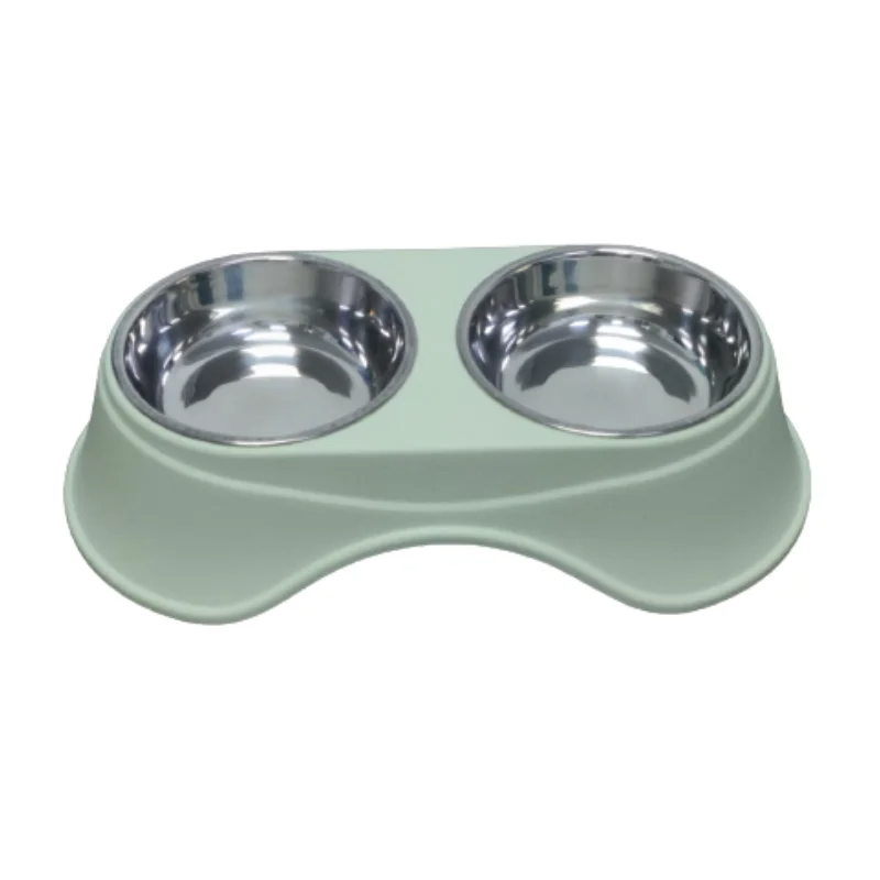 Double Dining Pet Feedrer With Stainless Steel Bowl & Non Slip Rubber Bottom-Green- 36.5*19*9 Cm