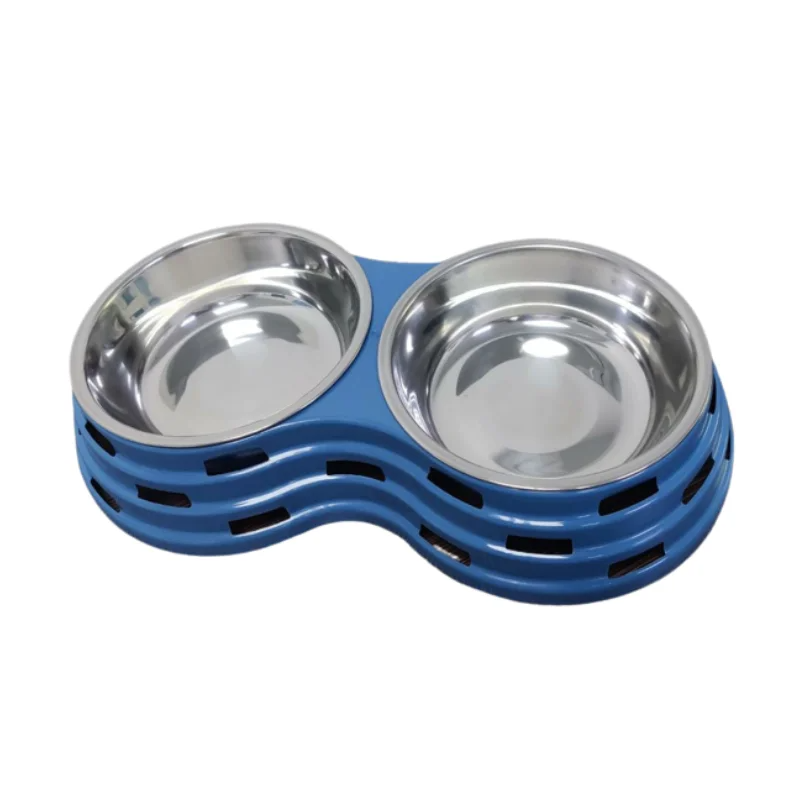 Double Dining Pet Feedrer With Stainless Steel Bowl & Non Slip Rubber Bottom Blue -33.5*18*6 Cm