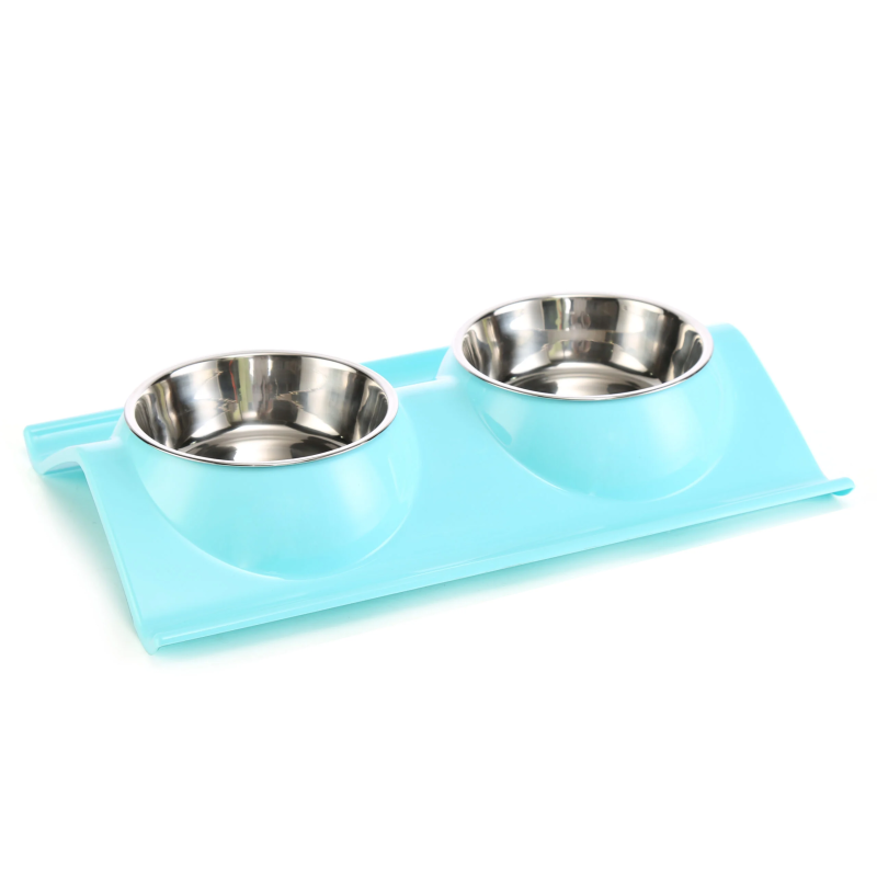 Double Dining Pet Feedrer With Stainless Steel Bowl & Non Slip Rubber Bottom-Blue -38*25*7.5 Cm