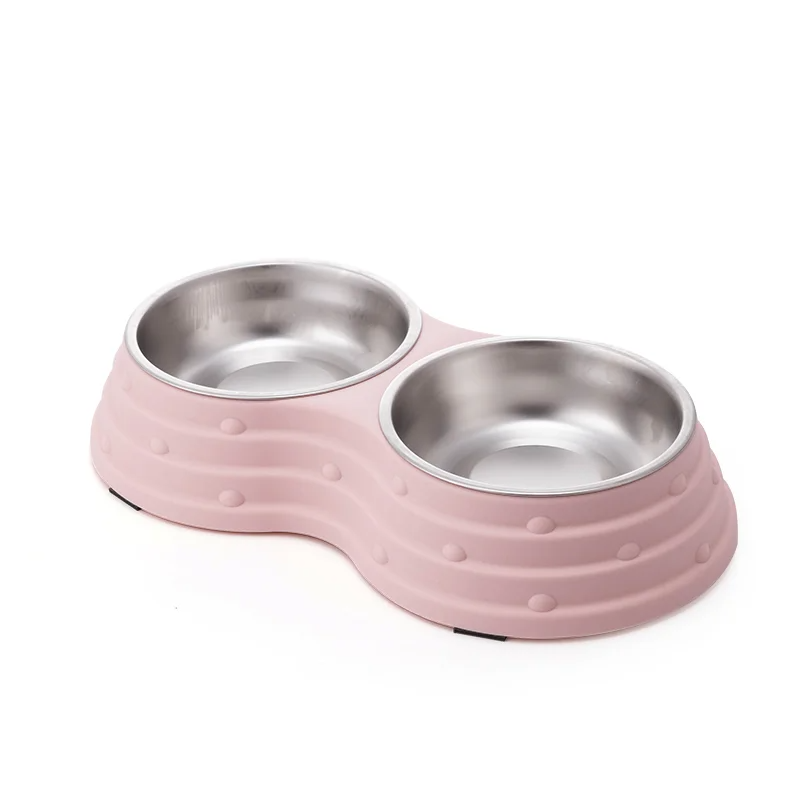 Double Dining Pet Feedrer With Stainless Steel Bowl & Non Slip Rubber Bottom-Pink -41.5*22*7 Cm