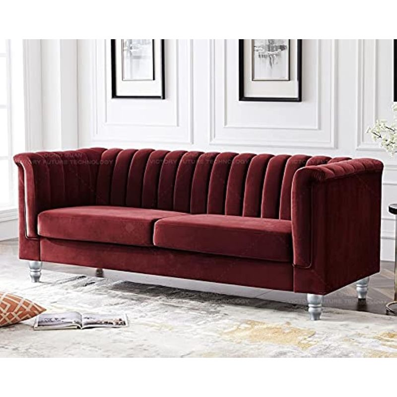 Luxury Design European Style Living Room Sofa Set Furniture Design Modern Velvet Fabric 3 Seater Sofa (Mehroon)