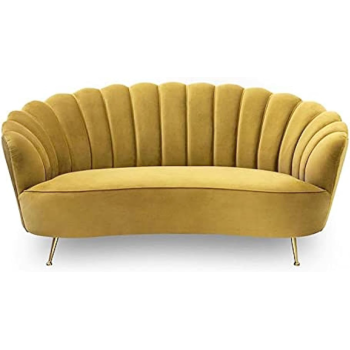 Flower Elegant Style, Velvet Fabric Upholstered,3 Seater Curved Sofa Couch Living Room Sofa (Yellow)