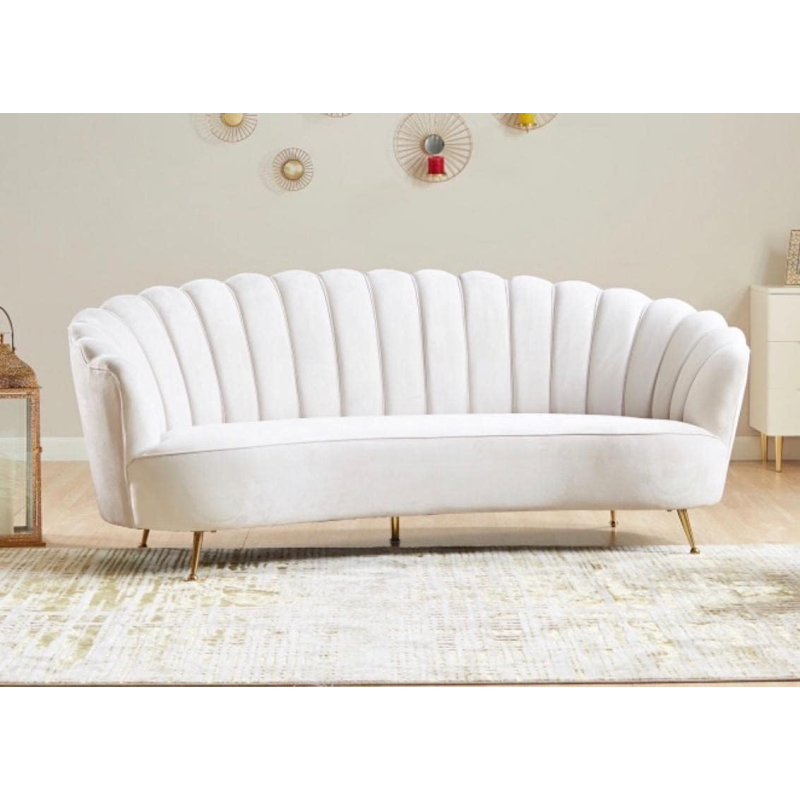 Flower Elegant Style, Velvet Fabric Upholstered,3 Seater Curved Sofa Couch Living Room Sofa (White)