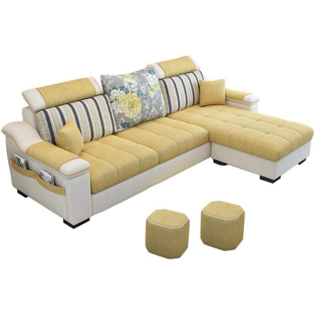 L Shape Sofa 3 Seat Linen Living Room Sofa Set Home Furniture Modern Design Frame Soft Sponge Shape Home Furniture(Foot Ped + 2 Cloth Stool),C
