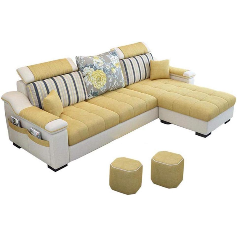 L Shape Sofa 3 Seat Linen Living Room Sofa Set Home Furniture Modern Design Frame Soft Sponge Shape Home Furniture(Foot Ped + 2 Cloth Stool),C
