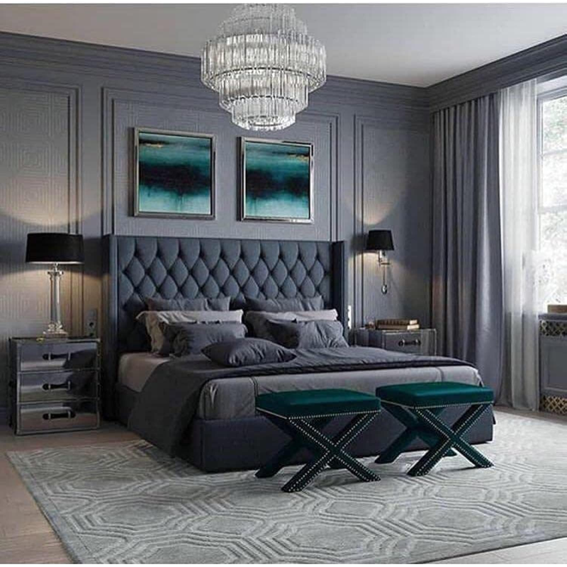 R2R Furniture Giordani Velvet Upholstered Tufted Bed Frame Super Queen Size (160 X 200) - Grey Color