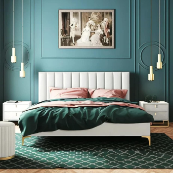 Nordic Simple Master King Size Bed Young Luxury Fabric Bed Bedroom Furniture Sets (Off White)