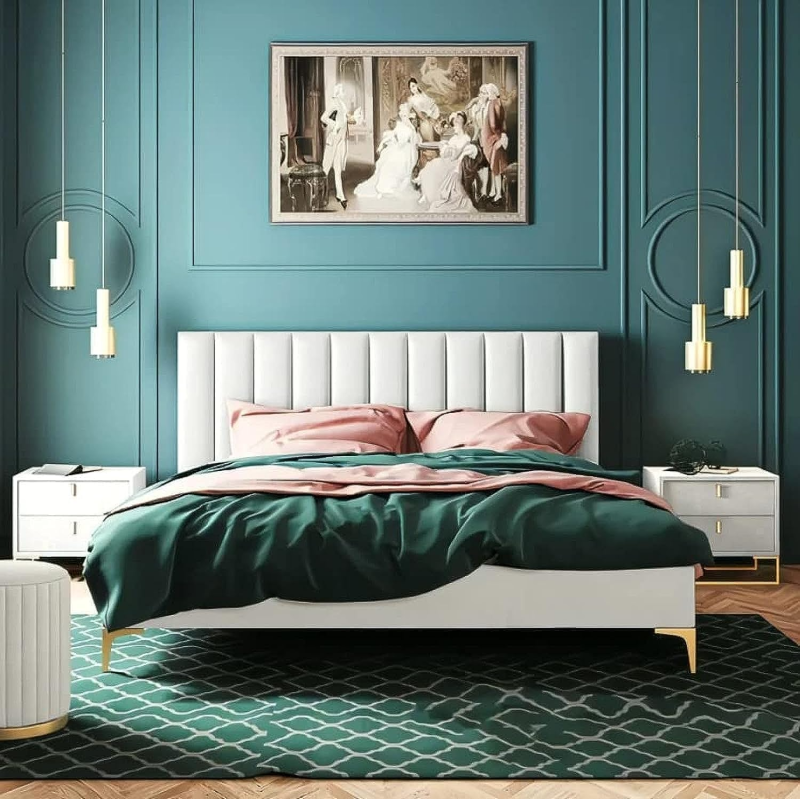 Nordic Simple Master King Size Bed Young Luxury Fabric Bed Bedroom Furniture Sets (Off White)