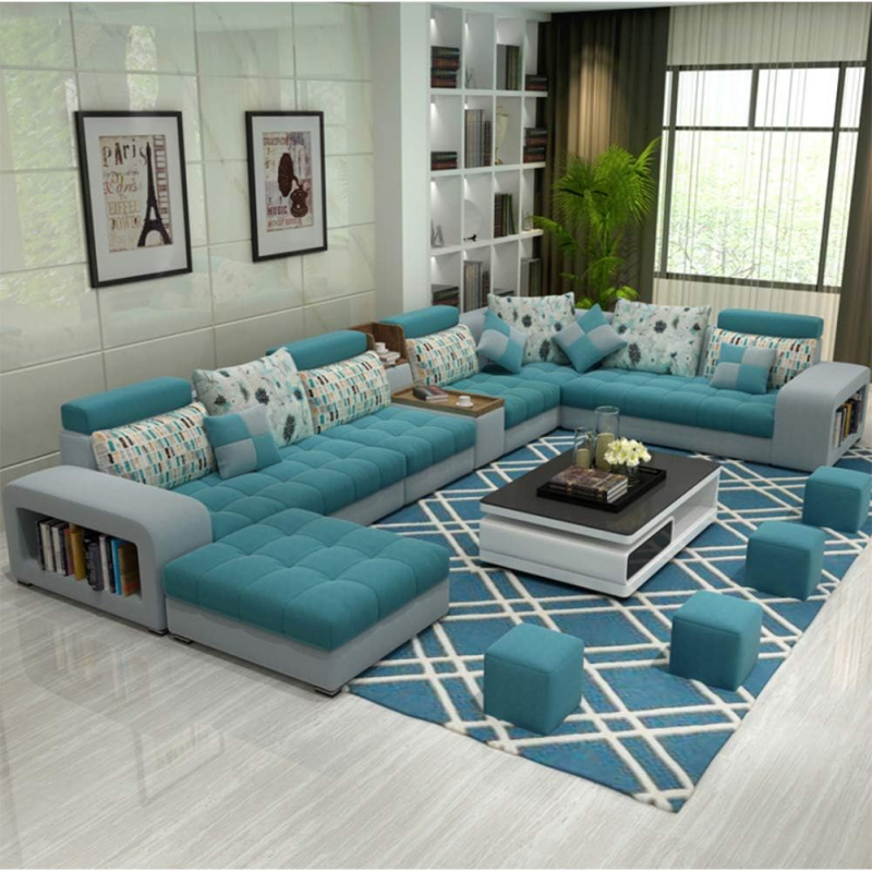Modern Simple U-Shaped Sofa Living Room Chaise Longue Sofa Removable And Washable Cotton And Linen Fabric Sofa Multicolor,Light Blue