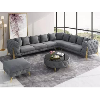 Luxury Traditional Velvet L Shape Chesterfield Sofa Set, Living Room Furniture With Golden Legs