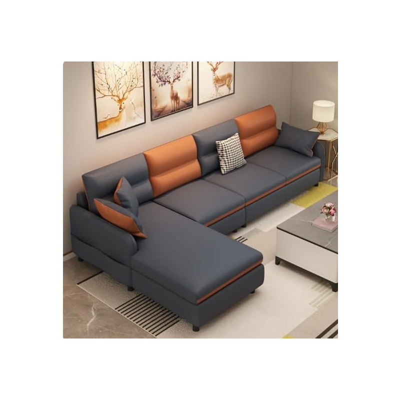 Modern L Shape Sofa Love Seat Sectional Nordic Pouf Large Sofa Lounge Simple Home Furniture (260Cm, Blue+Orange)