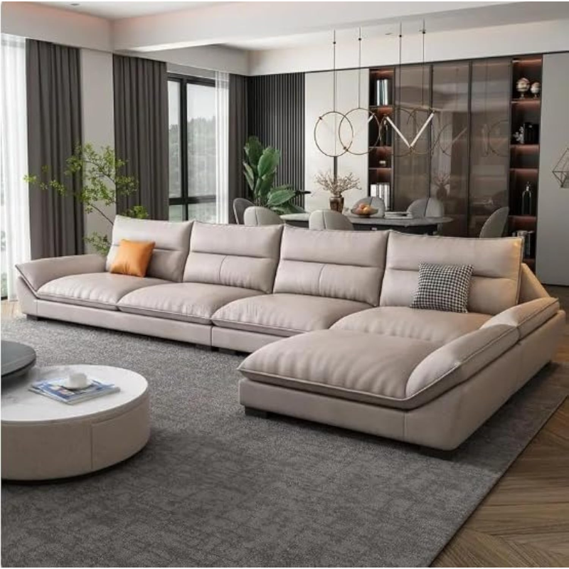 Overstuffed Multifunction Wooden Frame Furniture Sofa Living Room Set Pu Leather (330Cmx165Cm, Beige)