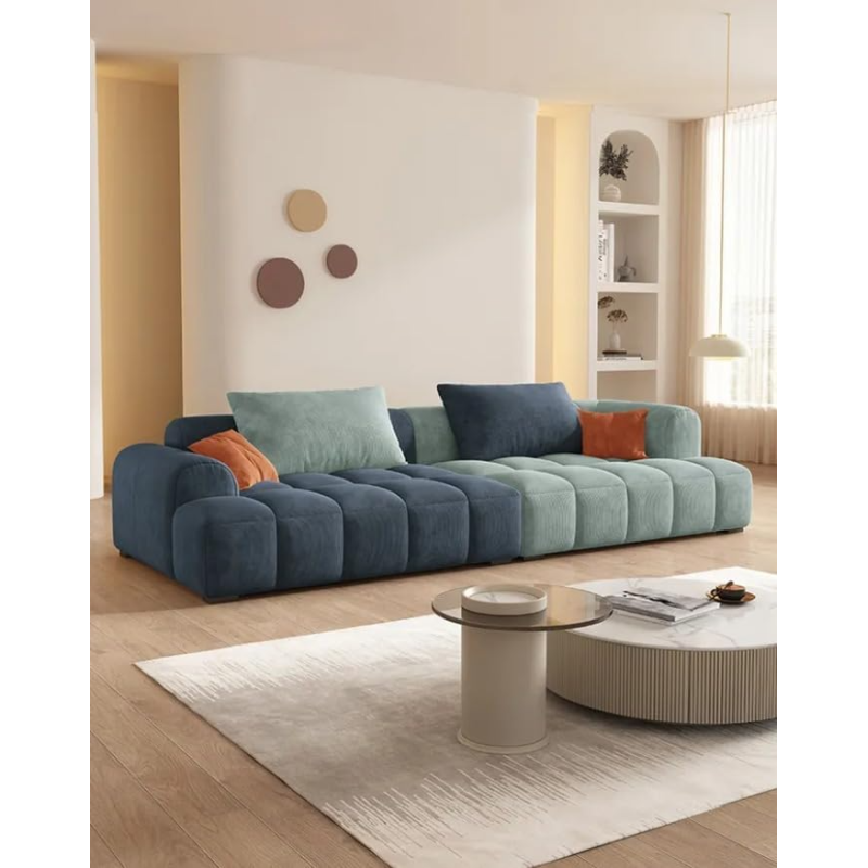 Cheese Cube Cream Style Fabric Sofa Living Room Sofa Living Room Bedroom Simple Sofa (96 X 220 Cm, Bluish Green)