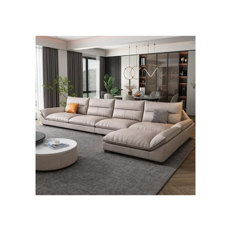 Overstuffed Multifunction Wooden Frame Furniture Sofa Living Room Set Pu Leather (260Cmx165Cm, Beige)