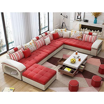 Modern Couch U Shaped Fabric Living Room Furniture Chaise Lounge Recliner Sectional L Shape Corner Sofa Sets (Red)