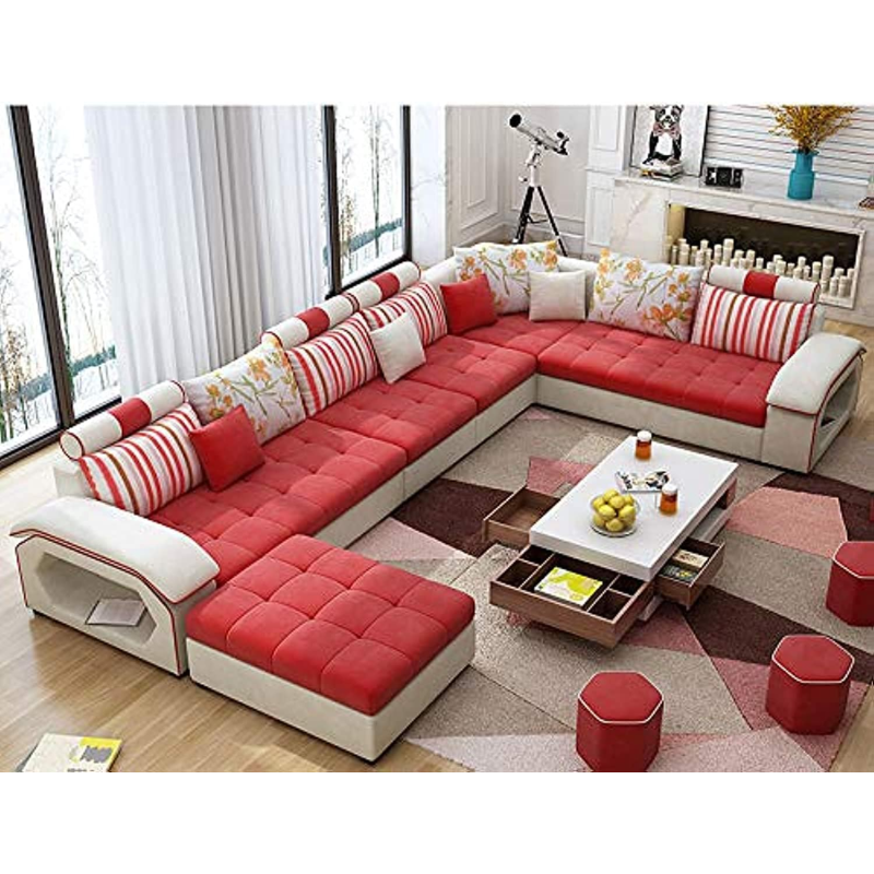 Modern Couch U Shaped Fabric Living Room Furniture Chaise Lounge Recliner Sectional L Shape Corner Sofa Sets (Red)