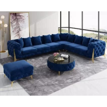 Luxury Traditional Velvet L Shape Chesterfield Sofa Set, Living Room Furniture With Golden Legs