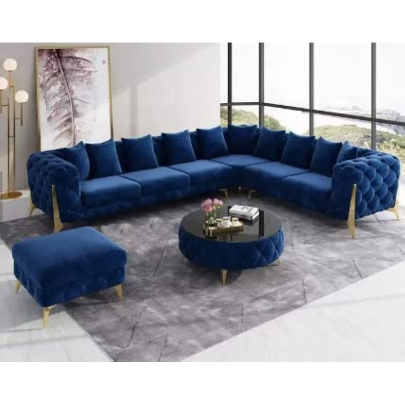 Luxury Traditional Velvet L Shape Chesterfield Sofa Set, Living Room Furniture With Golden Legs