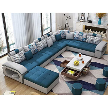 Modern Couch U Shaped Fabric Living Room Furniture Chaise Lounge Recliner Sectional L Shape Corner Sofa Sets (Blue)