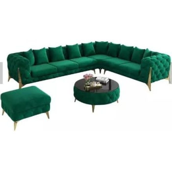 Luxury Traditional Velvet L Shape Chesterfield Sofa Set, Living Room Furniture With Golden Legs, Green
