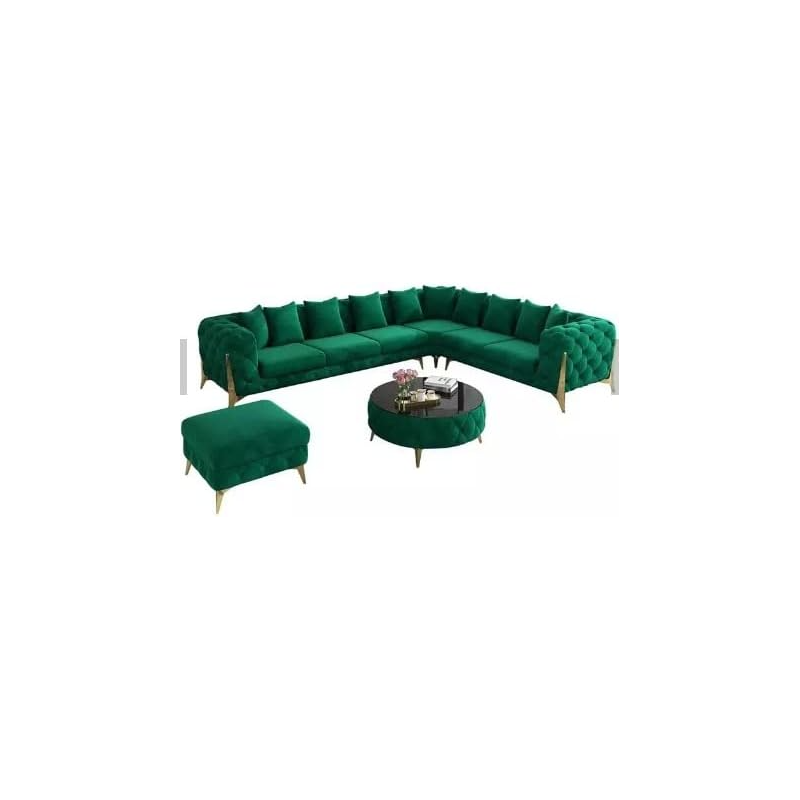 Luxury Traditional Velvet L Shape Chesterfield Sofa Set, Living Room Furniture With Golden Legs, Green