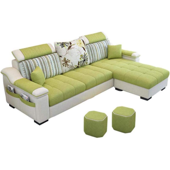 L Shape Sofa 3 Seat Linen Living Room Sofa Set Home Furniture Modern Design Frame Soft Sponge Shape Home Furniture(Foot Ped + 2 Cloth Stool), F