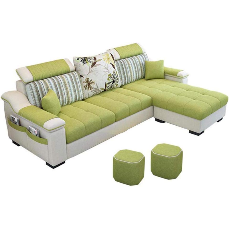 L Shape Sofa 3 Seat Linen Living Room Sofa Set Home Furniture Modern Design Frame Soft Sponge Shape Home Furniture(Foot Ped + 2 Cloth Stool), F