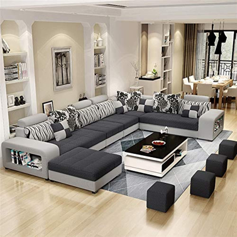 Live Room Sofa, Apartment Living Room Corner Sofa Set Combination Furniture (Grey/Black)
