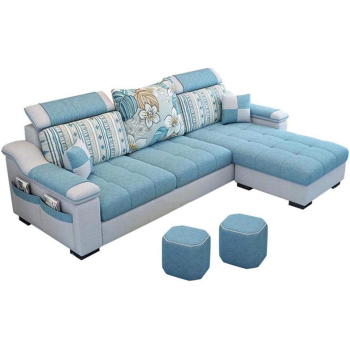 L Shape Sofa 3 Seat Linen Living Room Sofa Set Home Furniture Modern Design Frame Soft Sponge Shape Home Furniture(Foot Ped + 2 Cloth Stool),B