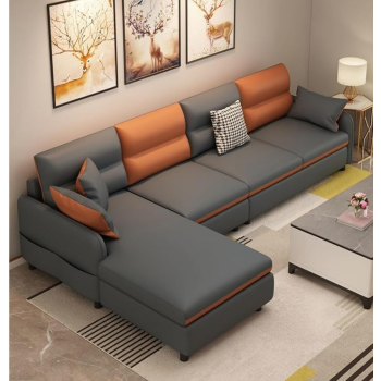 Modern L Shape Sofa Love Seat Sectional Nordic Pouf Large Sofa Lounge Simple Home Furniture (260Cm, Grey+Orange)