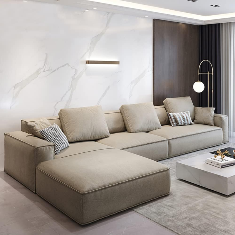 Jd Leather Sofa Combination Sofa Living Room Furniture (Beige, Three-Seat&Chaise Longue, 3600 * 1800 * 670)