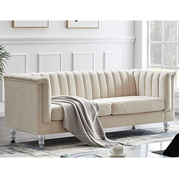 Deep Sleep Luxury Design European Style Living Room Sofa Set Furniture Design Modern Velvet Fabric 3 Seater Sofa (Beige)