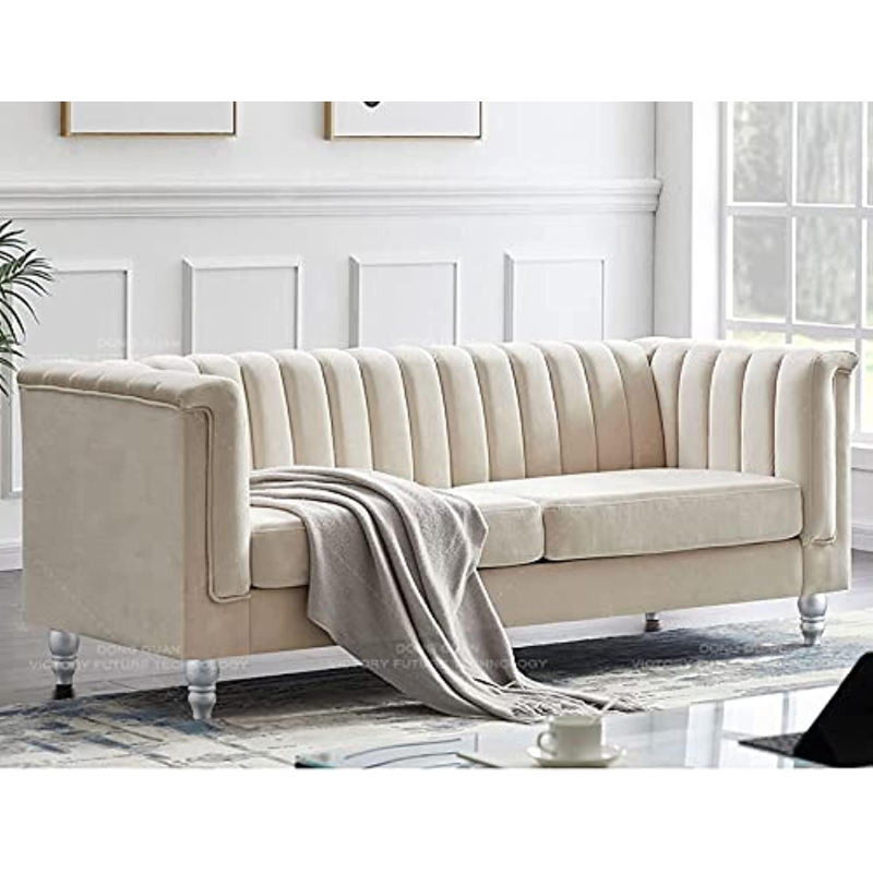 Deep Sleep Luxury Design European Style Living Room Sofa Set Furniture Design Modern Velvet Fabric 3 Seater Sofa (Beige)